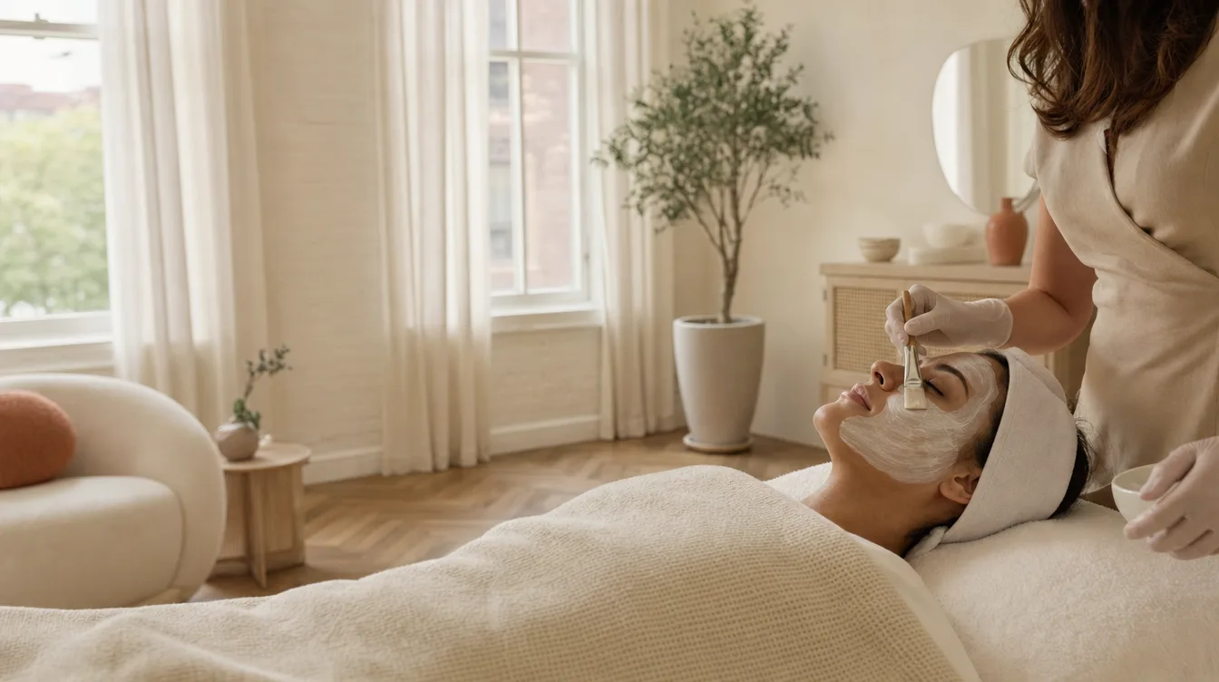 Application d'un masque de soin du visage au pinceau sur la joue d'une cliente allongee sur la table de soin, dans une cabine chaleureuse baignee de lumiere naturelle.