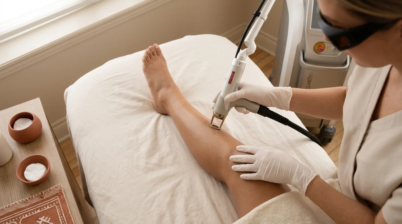 Esthetician performing laser treatment on the lower leg with Clarity II