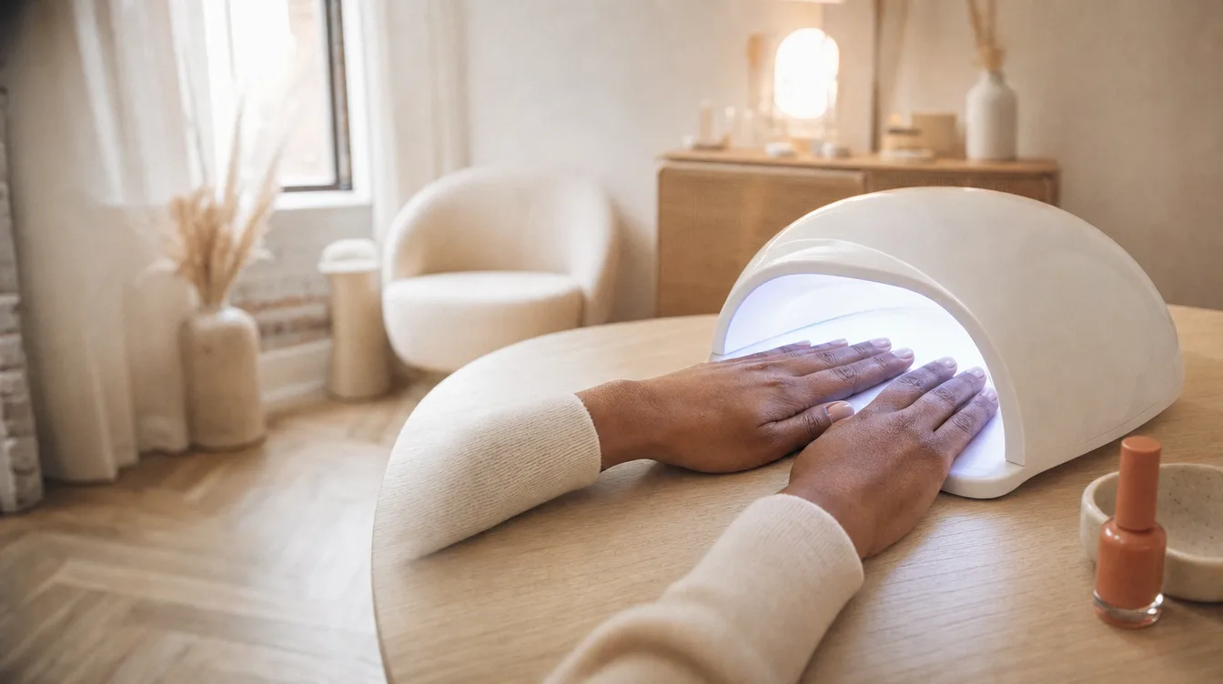 Mains manucurées sous une lampe UV à ongles chez Institut V Esthétique, à Montréal