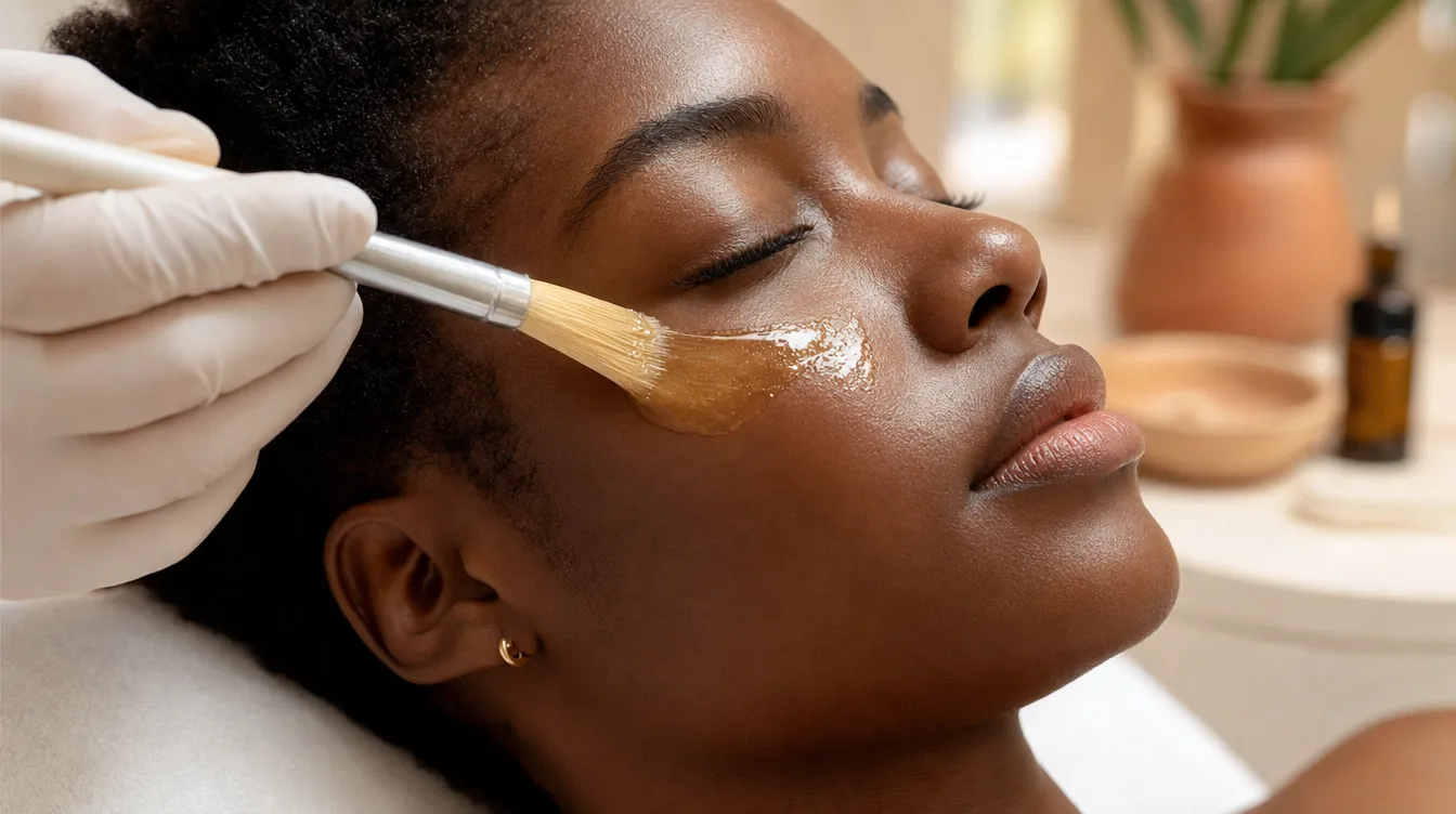 Peeling chimique appliqué au pinceau sur la joue d'une cliente allongée à l'Institut V Esthétique, gants blancs et peau lumineuse en gros plan.