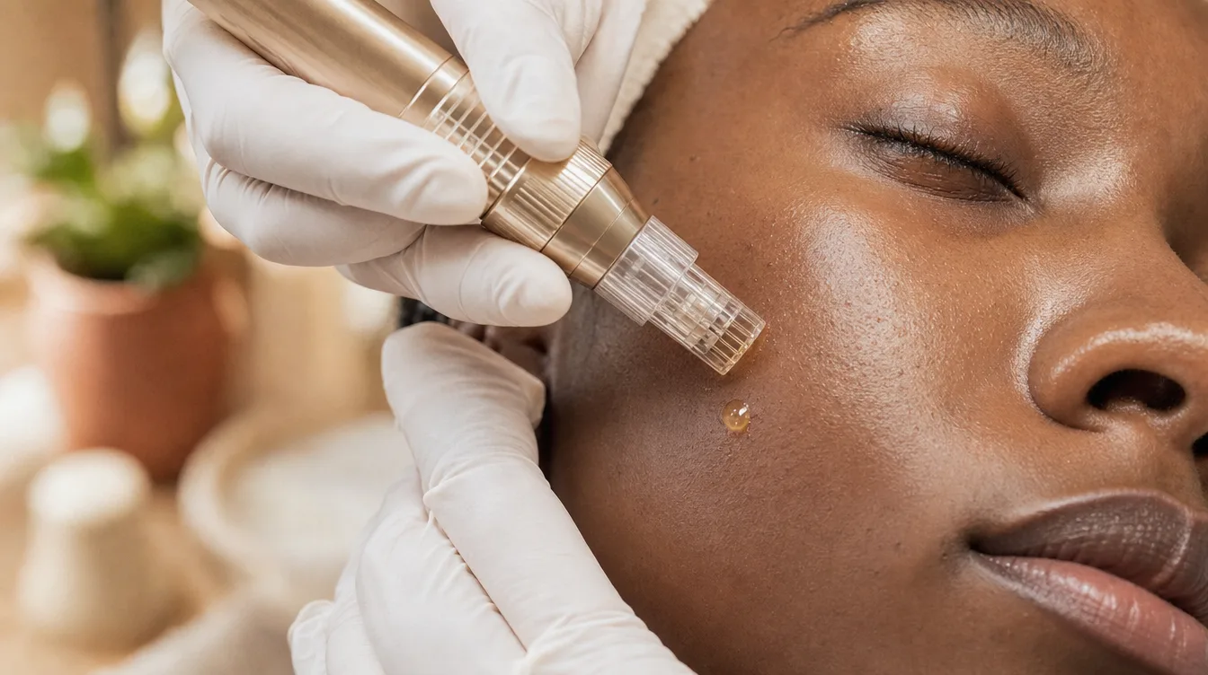 Stylet de microneedling dore appliquant une gouttelette de serum dore PDRN sur la joue, mains gantees de blanc, lumiere naturelle chaude.