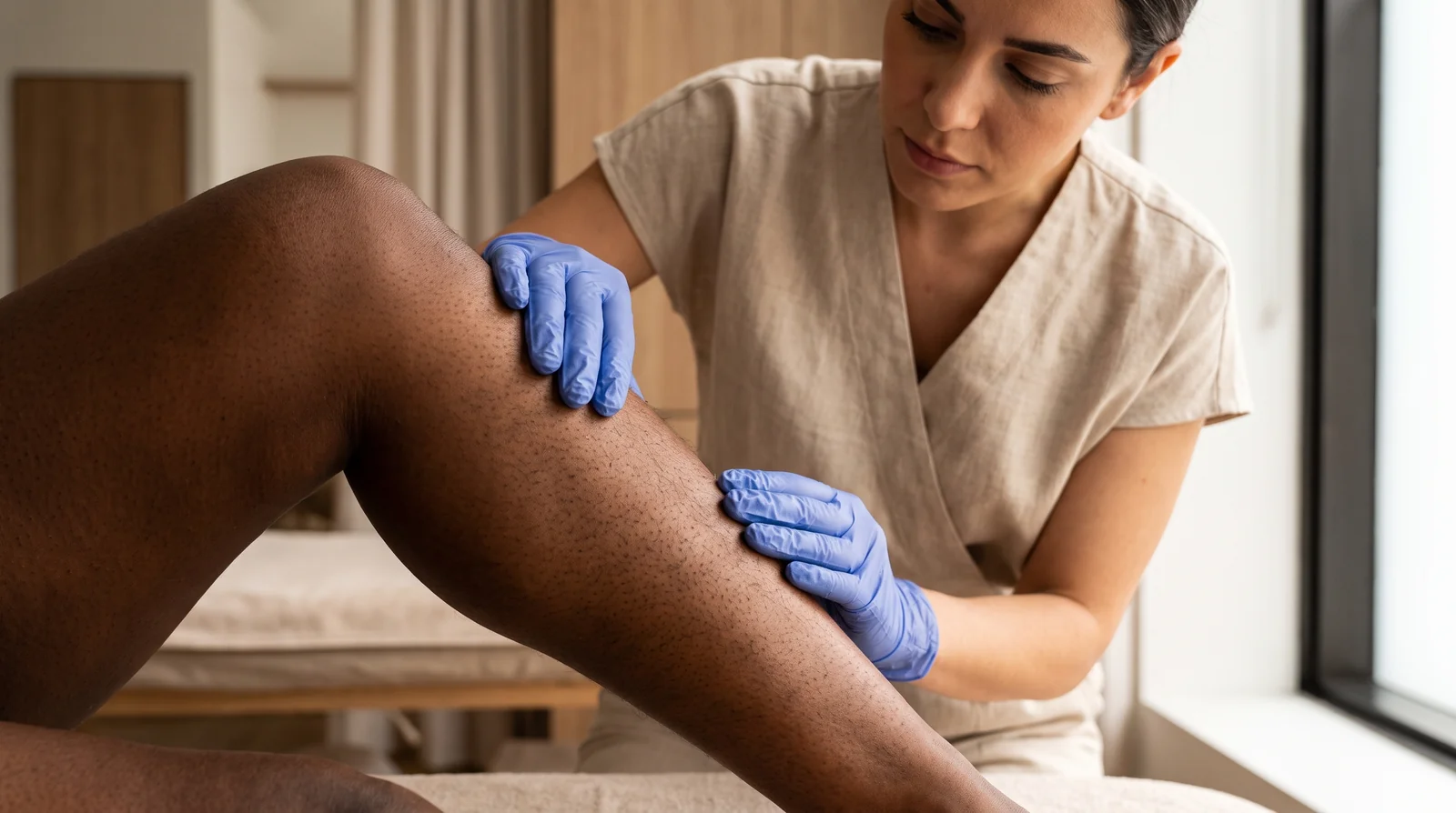 Évaluation de la peau et du poil sur une jambe avant une épilation laser