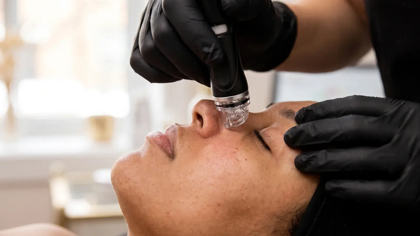 Embout de soin HydraFacial appliqué sur la joue chez Institut V à Montréal