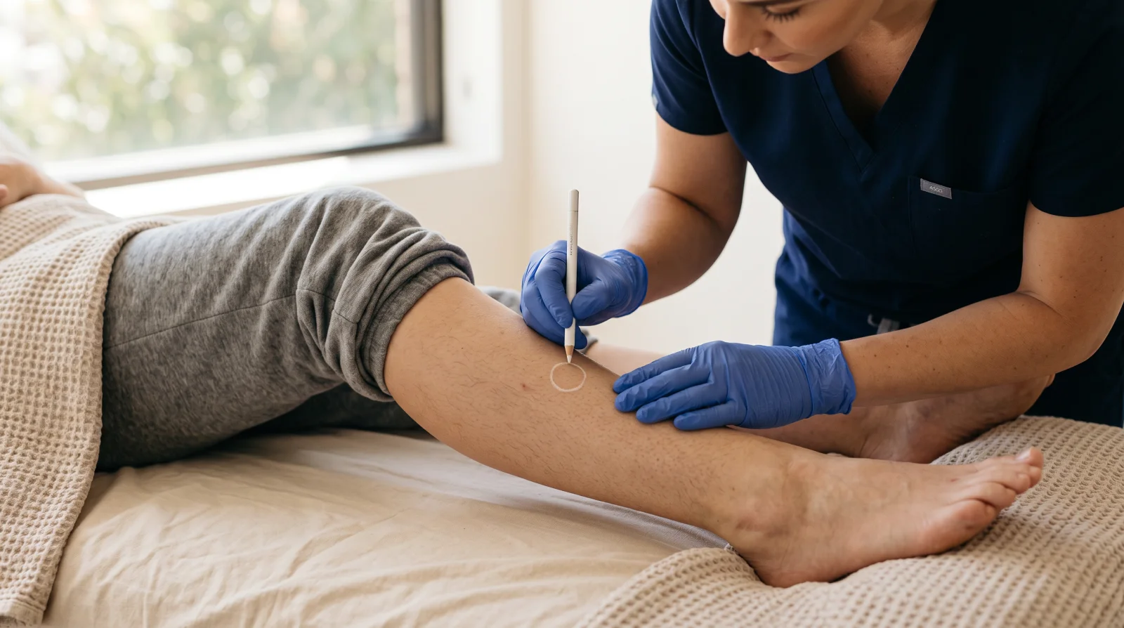 Esthetician marking a small test patch on the leg before laser hair removal