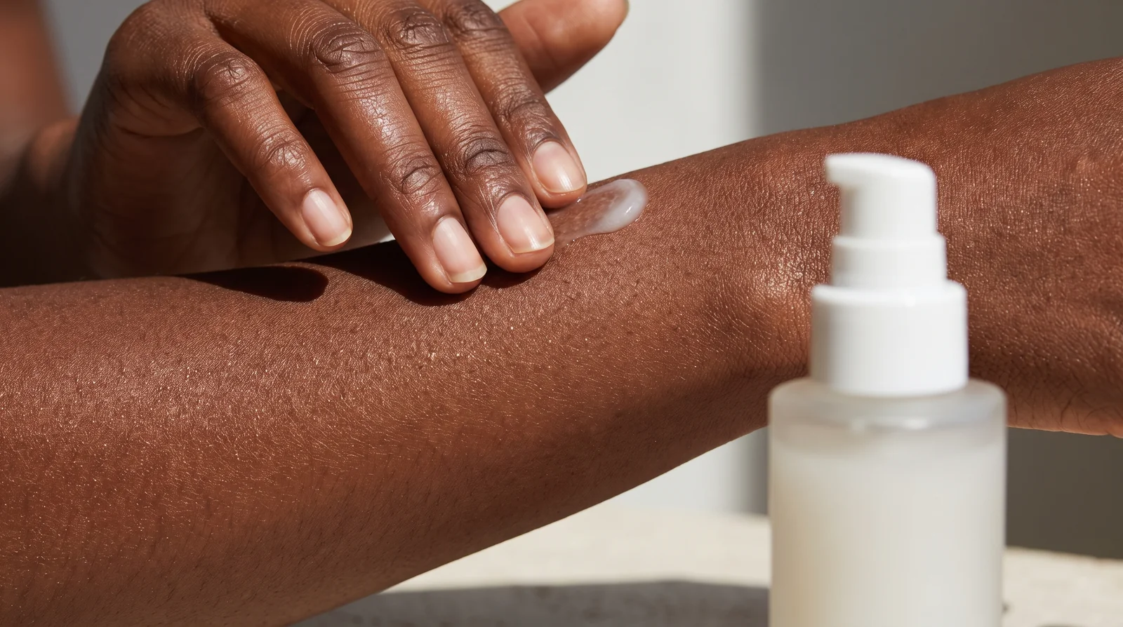 Applying sunscreen to an exposed area of dark skin